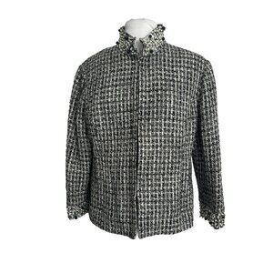 Chicos Womens Size 1 Small Jacket Black White Tweed Beaded Collar 3/4 Sleeve